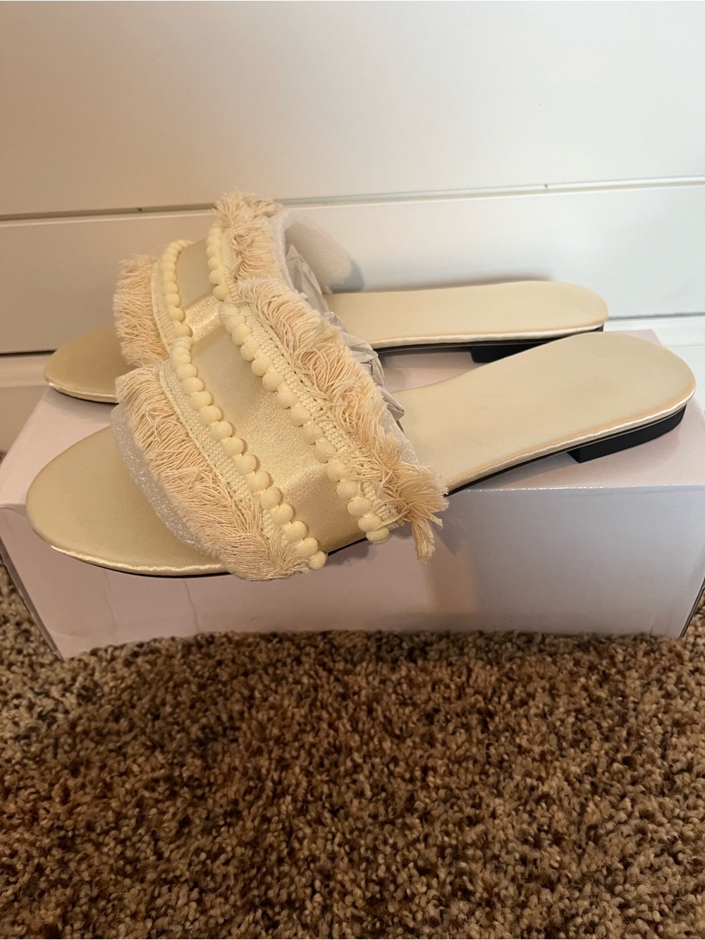 Fringed Pom-Pom Slide Sandals - Cream
